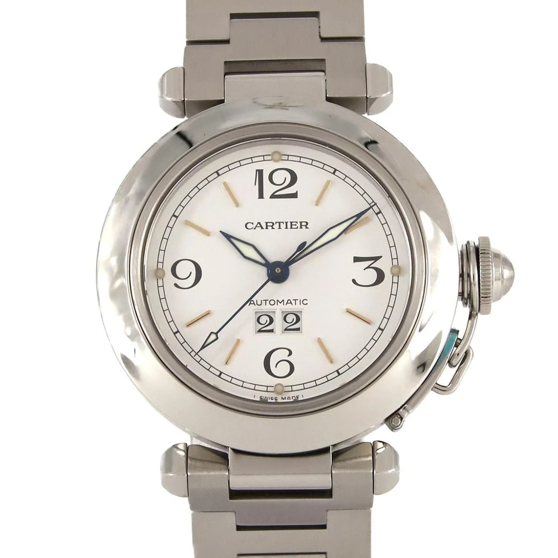 CARTIER PASHA C GRANDE DATE STAINLESS STEEL MECHANICAL WATCH: Cartier Pasha C Grande Date Stainless Steel Mechanical Watch Brand: CARTIER Type/Style: Wrist watch Material: Case: Stainless Steel Breath: Stainless Steel Color: Dial Color: White Size: Case diameter