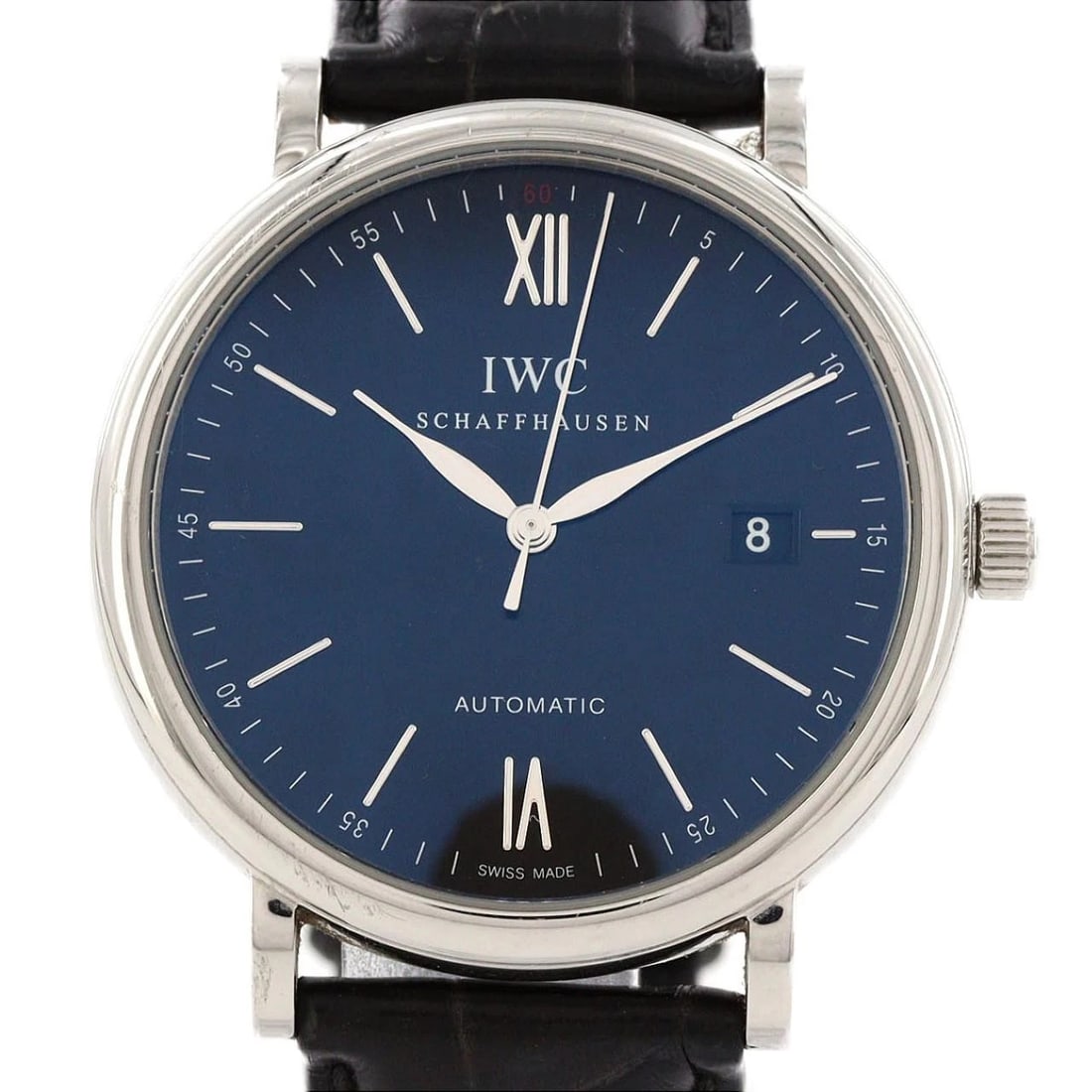 AUTHENTICIWC PORTOFINO STAINLESS STEEL WATCH: AuthenticIWC Portofino Stainless Steel Watch Brand: IWC Type/Style: Wrist watch Material: Case: Stainless Steel Bracelet: Strap Color: Dial Color: Black Band Color: Black Size: Case diameter: Approx.
