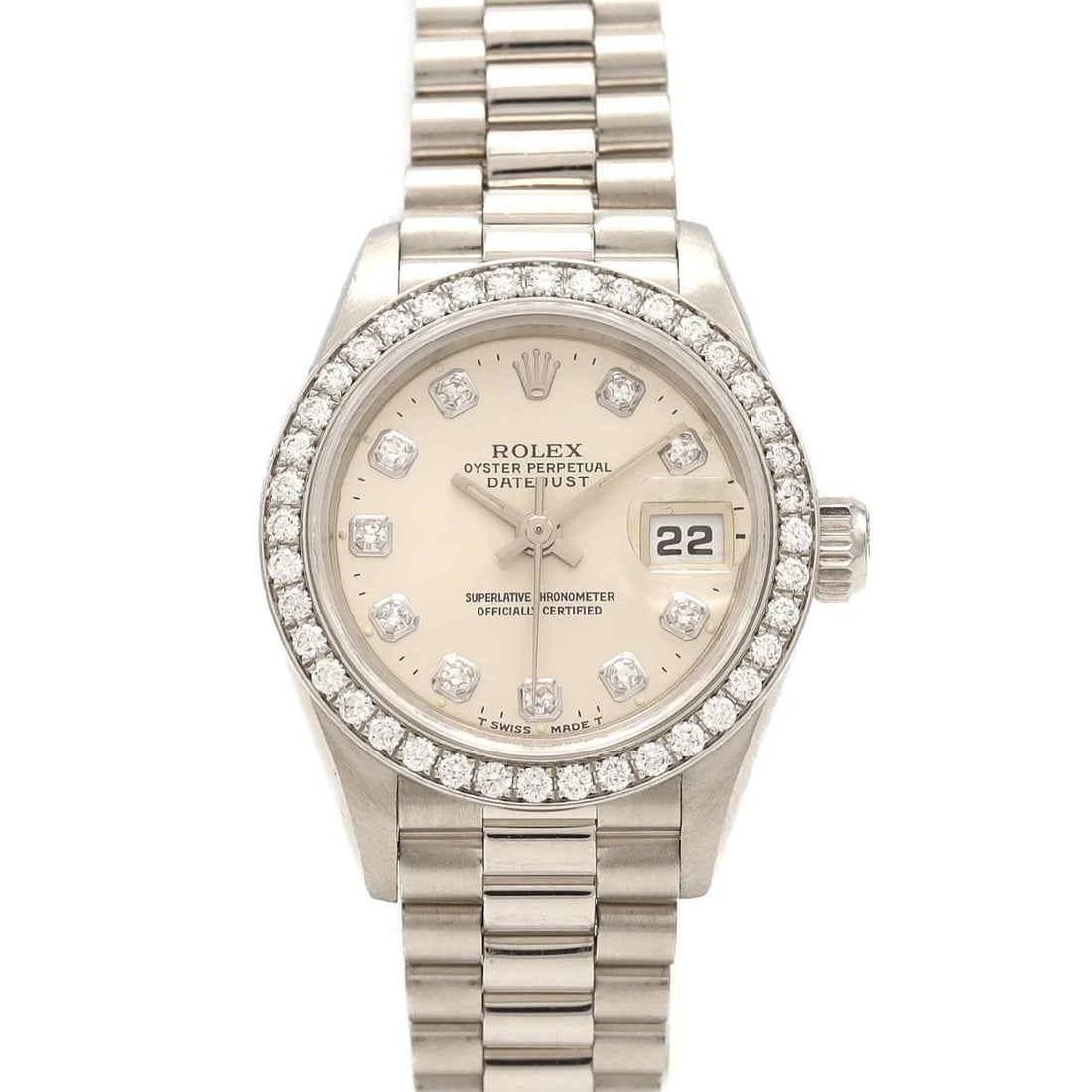 ROLEX DATEJUST PT MECHANICAL WATCH: Rolex Datejust PT Mechanical Watch Brand: ROLEx Type/Style: Wrist watch Material: Case: Platinum Bracelet: Platinum Color: Dial color: Silver/Diamond Size: Case diameter: Approx. 26 mm Max wrist