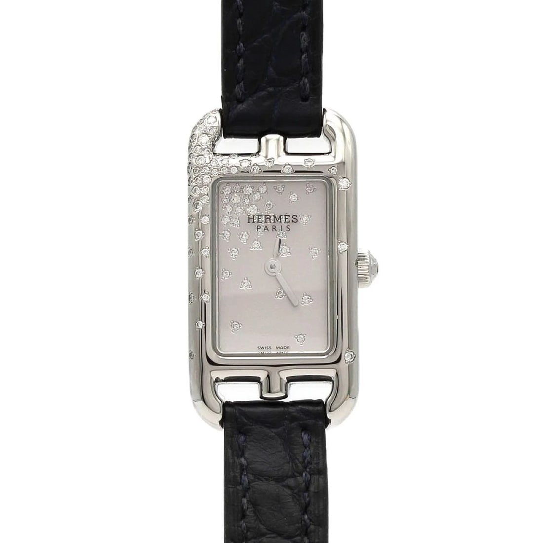 HERMES NANTUCKET DE DIAMANT STAINLESS STEEL QUARTZ WATCH: Hermes Nantucket de Diamant Stainless Steel Quartz Watch Brand: HERMES Type/Style: Wrist watch Material: Case: Stainless Steel Bracelet: Strap Color: Dial color: Silver, Diamonds Band color: Blue