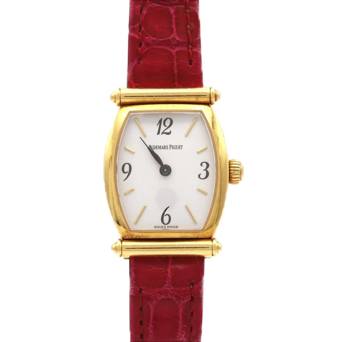 AUDEMARS PIGUET CARNEGIE YG WATCH: Audemars Piguet Carnegie YG Watch Brand: AUDEMARS PIGUET Type/Style: Wrist watch Material: Case: Yellow gold Bracelet: Strap Color: Dial Color: White Band Color: Red Size: Case diameter: 20x27mm