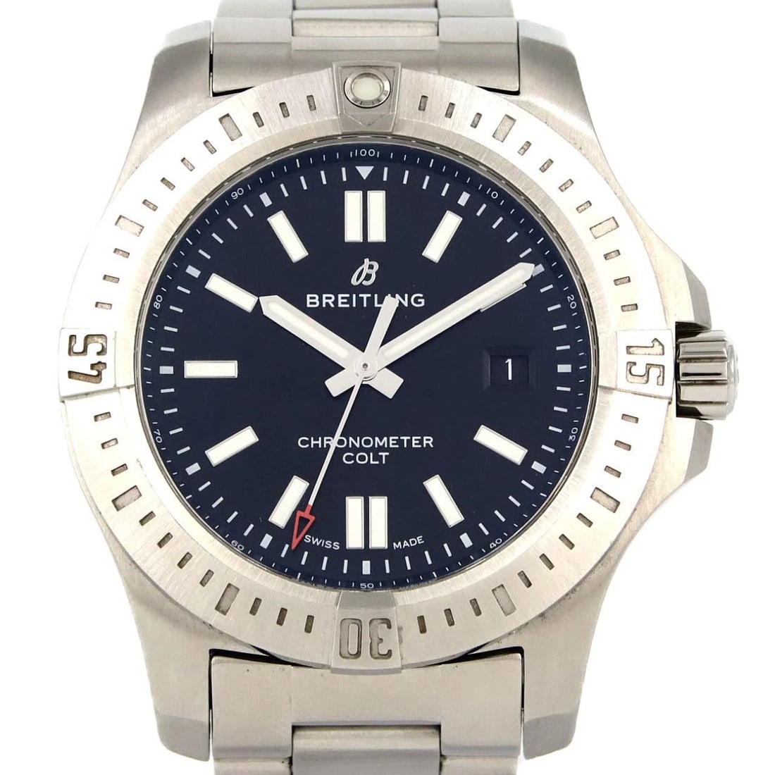 BREITLING COLT AUTOMATIC 44 WATCH: Breitling Colt Automatic 44 Watch Brand: BREITLING Type/Style: Wrist watch Material: Case: Stainless Steel Breath: Stainless Steel Color: Dial Color: Black Size: Case diameter: Approx. 44 mm Max