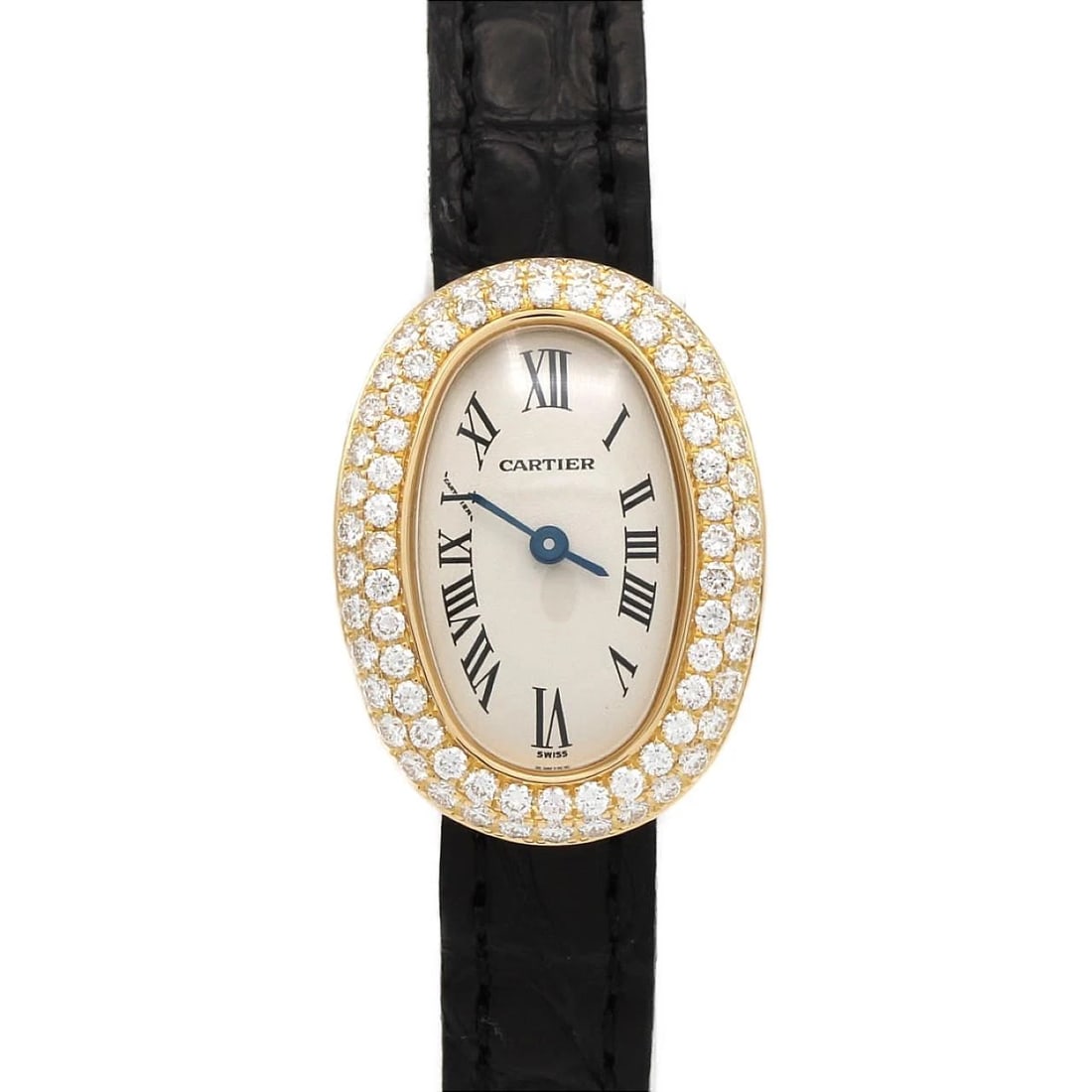 CARTIER MINI BAIGNOIRE YG QUARTZ WATCH: Cartier Mini Baignoire YG Quartz Watch Brand: CARTIER Type/Style: Wrist watch Material: Case: Yellow gold Bracelet: Strap Color: Dial Color: Silver/Roman Band Color: Black Size: Case diameter