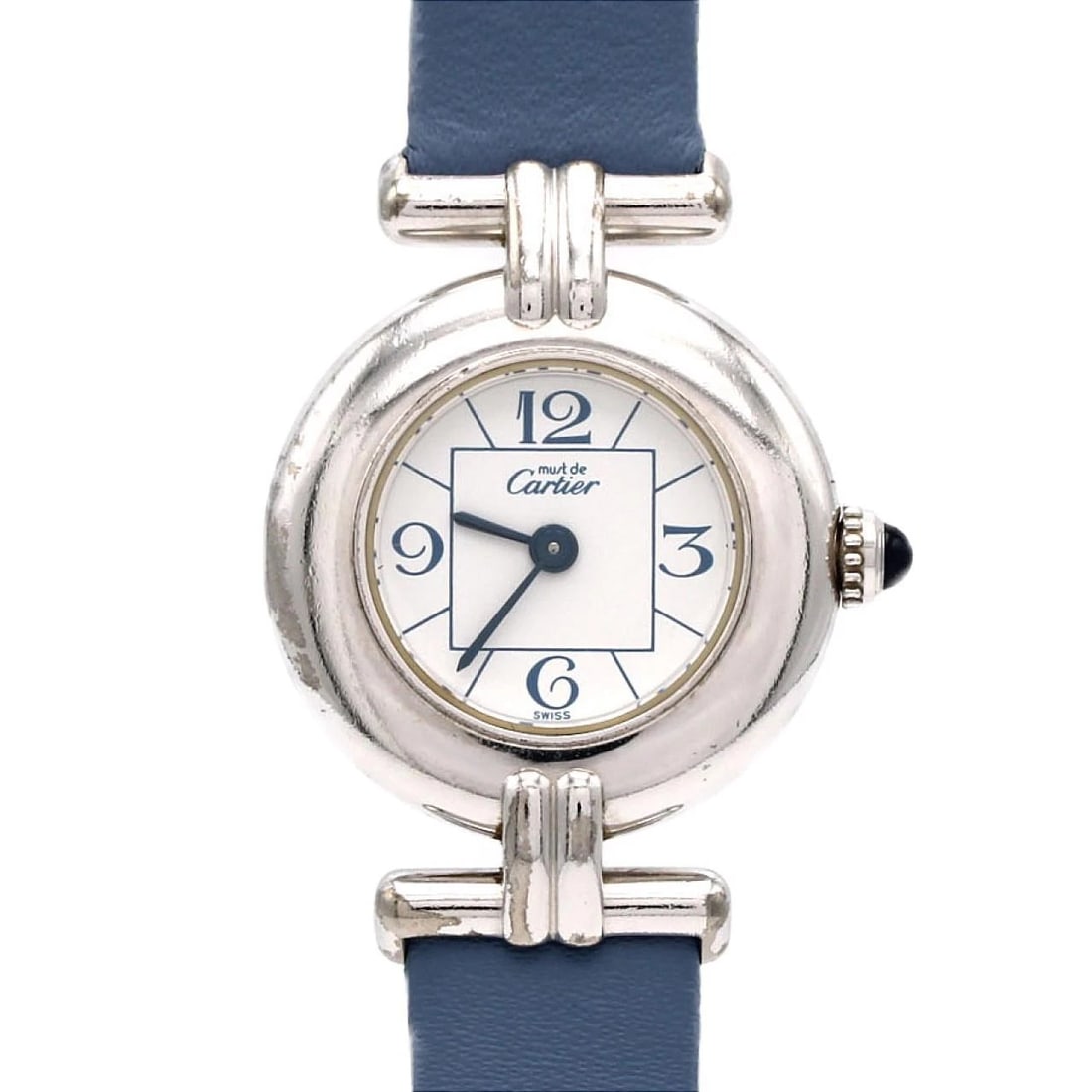 CARTIER MUST COLISEE SM SILVE WATCH: Cartier Must Colisee SM Silve Watch Brand: CARTIER Type/Style: Wrist watch Material: Case: Silver Bracelet: Strap Color: Dial color: White Band color: Blue Size: Case diameter: Approx. 24mm