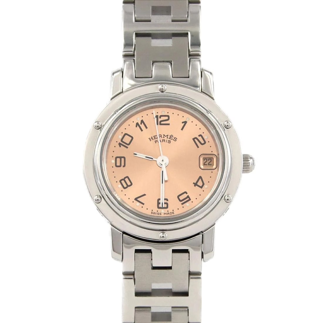 HERMES CLIPPER STAINLESS STEEL QUARTZ WATCH: Hermes Clipper Stainless Steel Quartz Watch Brand: HERMES Type/Style: Wrist watch Material: Case: Stainless Steel Breath: Stainless Steel Color: Dial color: Pink/Arabic Size: Case diameter: Approx.