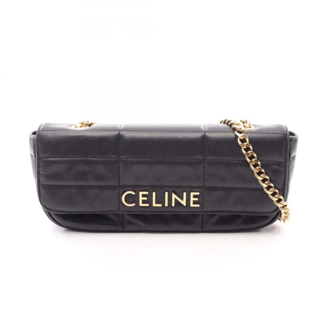 CELINE MATELASSE MONOCHROME CHAIN SHOULDER BAG: CELINE Matelasse Monochrome Chain Shoulder Bag Brand: CELINE Type/Style: Shoulder Bag Material: leather Color: Black?ish colors Size: (H:4.5inch x W:10.4inch x D:1.4inch) Accessories: None