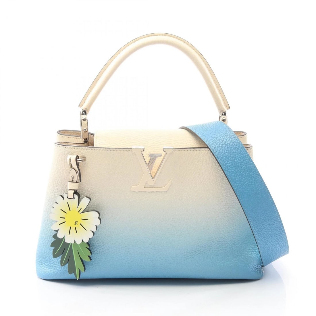 LOUIS VUITTON CAPUCINES SHOULDER HANDBAG LEATHER: LOUIS VUITTON Capucines Shoulder Handbag Leather Brand: LOUIS VUITTON Type/Style: Handbag Material: leather Color: Beige?ish colors ? Blue?ish colors Size: (H:7.9inch x W:12.2inch x D:4.3inch) Acc
