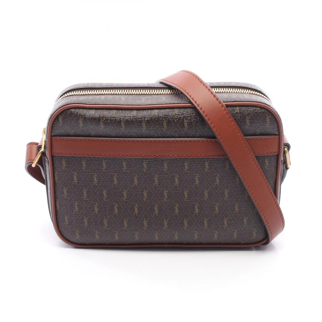 SAINT LAURENT PARIS MONOGRAM CROSSBODY SHOULDER BAG: SAINT LAURENT PARIS Monogram Crossbody Shoulder Bag Brand: SAINT LAURENT PARIS Type/Style: Shoulder Bag Material: PVC coated canvas ? leather Color: Brown?ish colors Size: (H:5.5inch x W:8.3inch x D:2