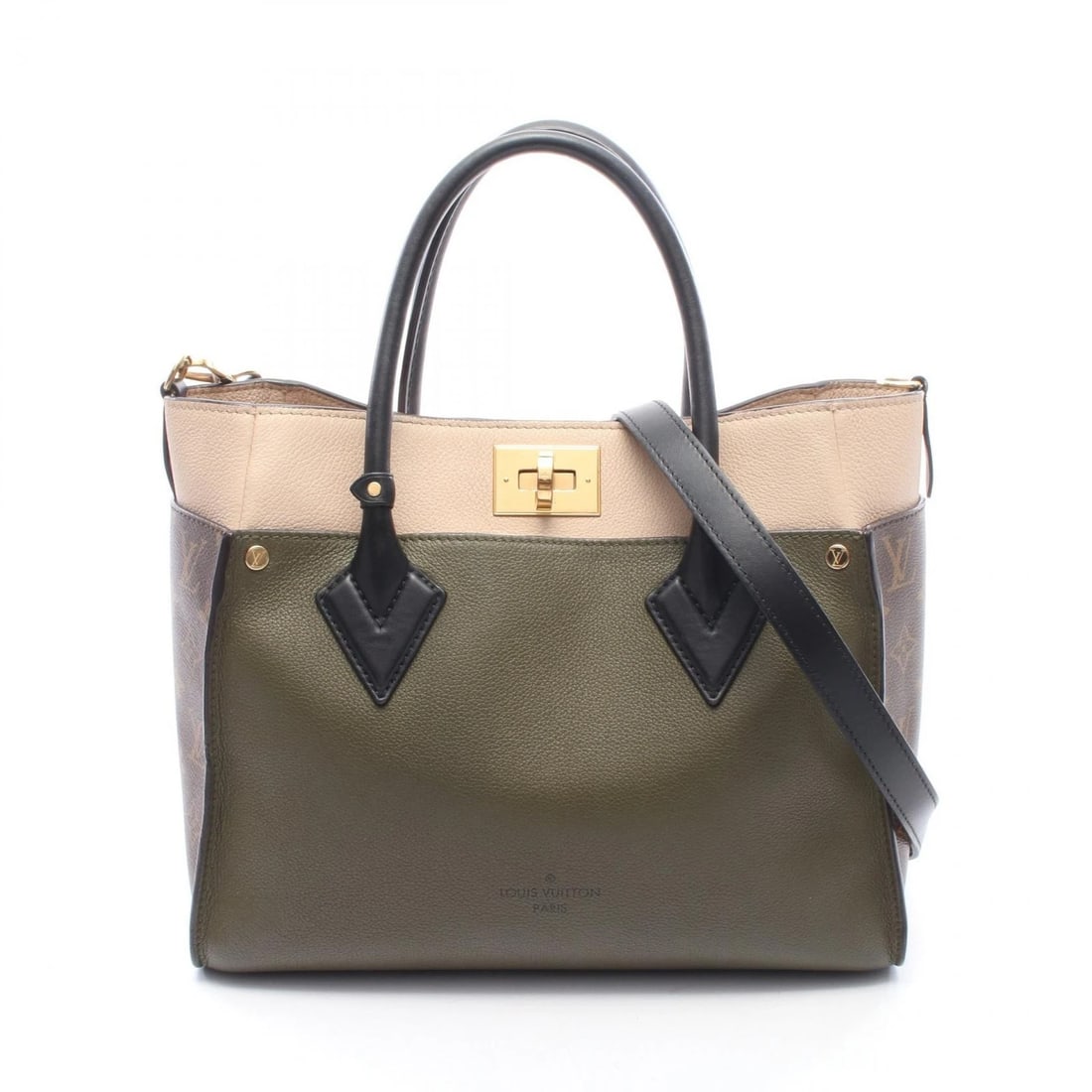LOUIS VUITTON ON MY SIDE MM SHOULDER HANDBAG: LOUIS VUITTON On My Side MM Shoulder Handbag Brand: LOUIS VUITTON Type/Style: Handbag Material: leather ? PVC coated canvas Color: Khaki?ish colors ? Beige?ish colors ? Brown?ish colors Size: (H:9.8in