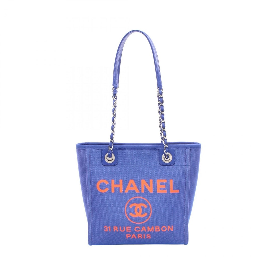 CHANEL DEAUVILLE PM CHAIN TOTE SHOULDER BAG CANVAS LEATHER: CHANEL Deauville PM Chain Tote Shoulder Bag canvas leather Brand: CHANEL Type/Style: Tote Bag Material: canvas ? leather Color: Blue?ish colors ? Red?ish colors Size: (H:10.2inch x W:9.8inch x D:3.9in