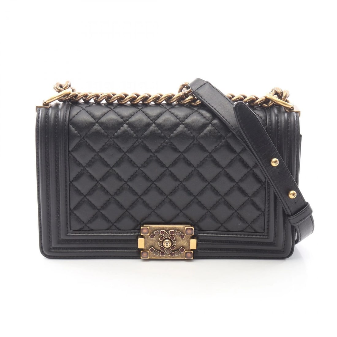 CHANEL BOY SHOULDER BAG LEATHER BLACK: CHANEL Boy Shoulder Bag leather Black Brand: CHANEL Type/Style: Shoulder Bag Material: leather Color: Black?ish colors Size: (H:5.7inch x W:9.8inch x D:2.8inch) Accessories: None Accessori