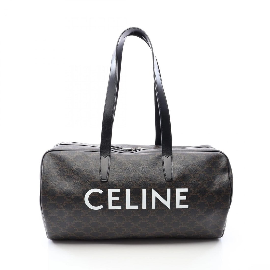 CELINE TRIOMPHE DUFFLE SHOULDER BOSTON BAG: CELINE Triomphe Duffle Shoulder Boston Bag Brand: CELINE Type/Style: Boston bag Material: PVC coated canvas ? leather Color: Black?ish colors ? Brown?ish colors ? White?ish colors Size: (H:9.8inch x W