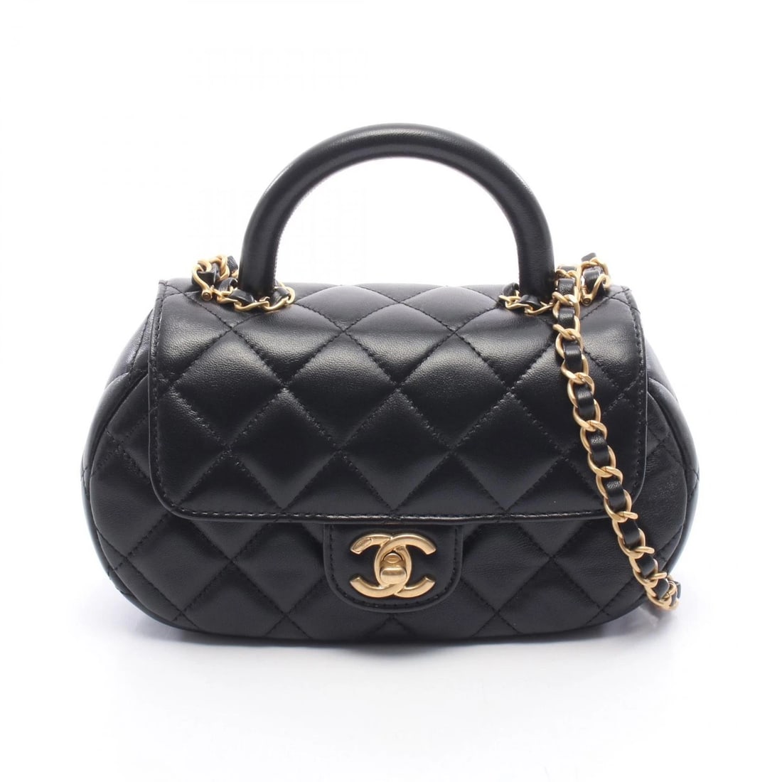 CHANEL MATELASSE TOP HANDLE HAND SHOULDER BAG: CHANEL Matelasse Top Handle Hand Shoulder Bag Brand: CHANEL Type/Style: Shoulder Bag Material: Lambskin (sheep leather) Color: Black?ish colors Size: (H:4.5inch x W:8.3inch x D:2.0inch) Accessorie