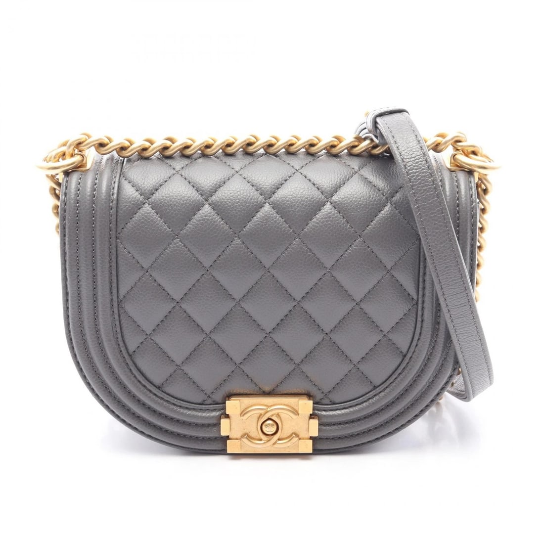CHANEL BOY SMALL CHAIN SHOULDER HANDBAG: CHANEL Boy Small Chain Shoulder Handbag Brand: CHANEL Type/Style: Shoulder Bag Material: Grained Calfskin leather Color: Gray?ish colors Size: (H:5.1inch x W:7.1inch x D:2.0inch) Accessories: None