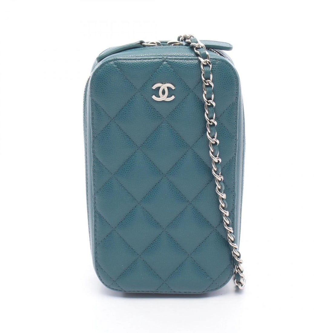 CHANEL MATELASSE PHONE HOLDER CHAIN CROSSBODY BAG: CHANEL Matelasse Phone Holder Chain Crossbody Bag Brand: CHANEL Type/Style: Shoulder Bag Material: Grained Calfskin leather Color: Green?ish colors Size: (H:6.9inch x W:3.9inch x D:1.4inch)