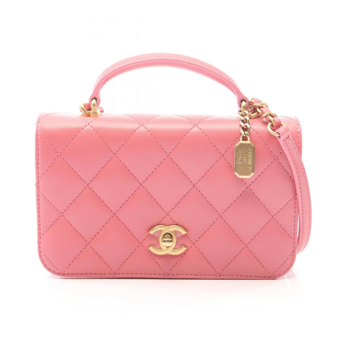 CHANEL MATELASSE TOP HANDLE CHAIN CROSSBODY HANDBAG: CHANEL Matelasse Top Handle Chain Crossbody Handbag Brand: CHANEL Type/Style: Shoulder Bag Material: Grained Calfskin leather Color: Pink?ish colors Size: (H:4.7inch x W:7.9inch x D:0.4inch)