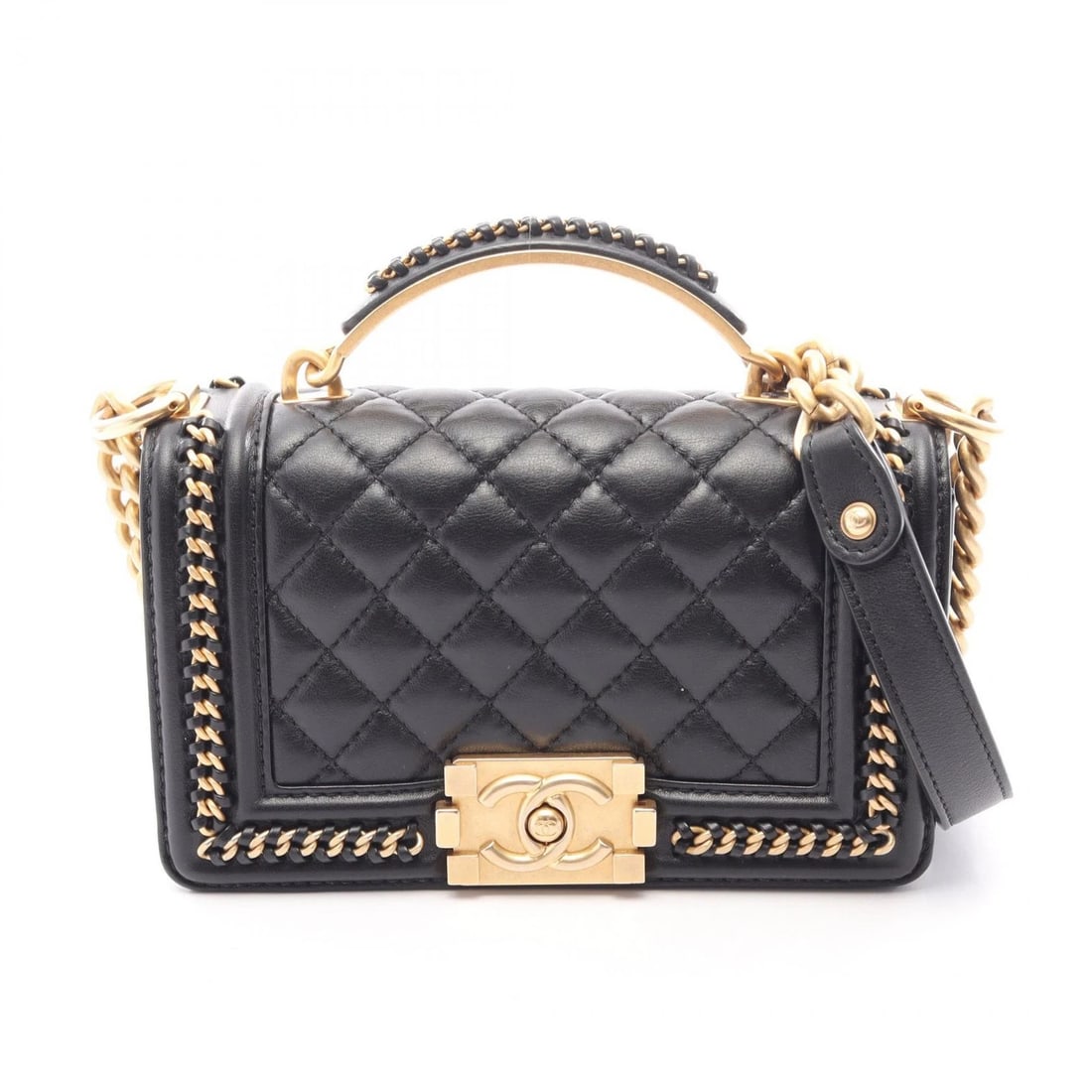 CHANEL BOY TOP HANDLE SHOULDER BAG LEATHER: CHANEL Boy Top Handle Shoulder Bag leather Brand: CHANEL Type/Style: Shoulder Bag Material: leather Color: Black?ish colors Size: (H:4.7inch x W:7.9inch x D:2.4inch) Accessories: None Acce