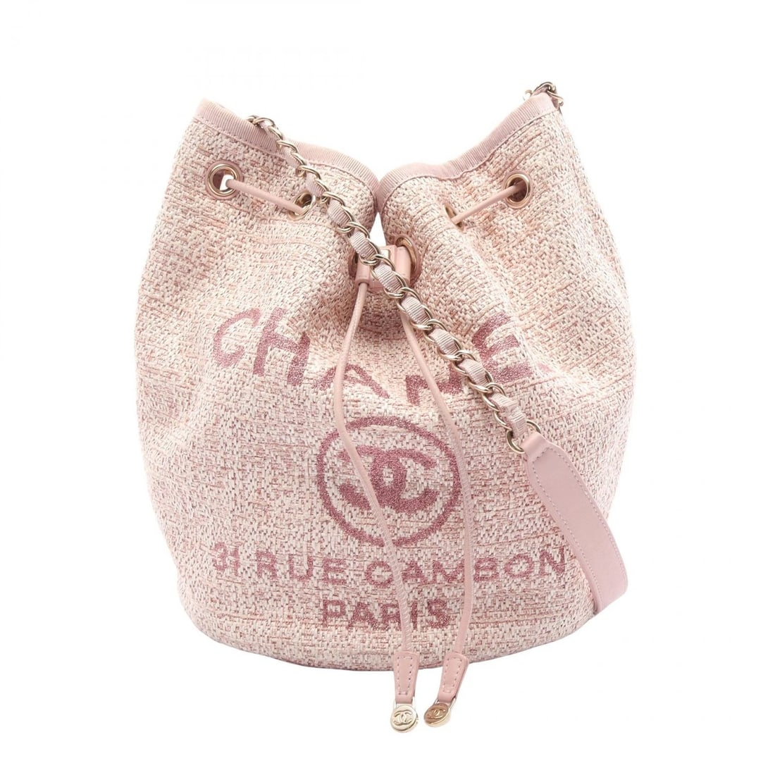 CHANEL DEAUVILLE DRAWSTRING CHAIN SHOULDER BAG: CHANEL Deauville Drawstring Chain Shoulder Bag Brand: CHANEL Type/Style: Shoulder Bag Material: leather ? straw Color: Pink?ish colors Size: (H:9.8inch x W:8.3inch x D:6.1inch) Accessories: None <