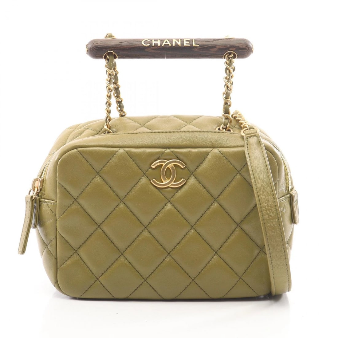 CHANEL MATELASSE MINI BOWLING CHAIN CROSSBODY SHOULDER BAG: CHANEL Matelasse Mini Bowling chain crossbody Shoulder Bag Brand: CHANEL Type/Style: Shoulder Bag Material: Lambskin (sheep leather) Color: Khaki?ish colors Size: (H:4.7inch x W:7.3inch x D:3.5inch)