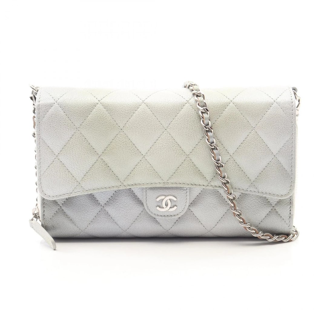 CHANEL MATELASSE PHONE CASE CHAIN CROSSBODY SHOULDER BAG: CHANEL Matelasse Phone Case Chain Crossbody Shoulder Bag Brand: CHANEL Type/Style: Shoulder Bag Material: Grained Calfskin leather Color: Silver?ish colors ? Green?ish colors Size: (H:4.7inch x W:7.7i