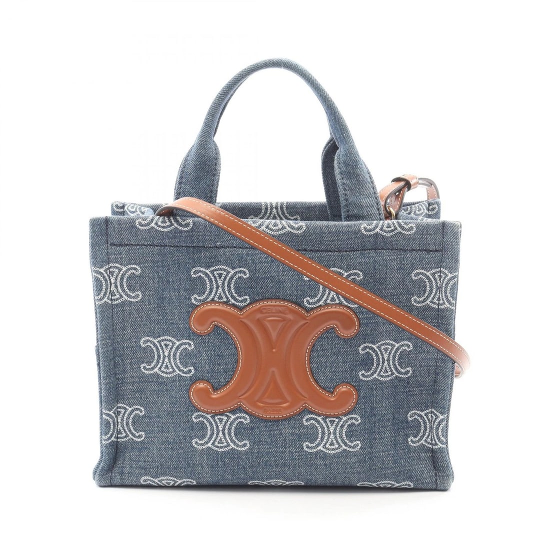 CELINE SMALL CABAS SMALL THAIS TOTE SHOULDER HANDBAG: CELINE SMALL CABAS Small Thais Tote Shoulder Handbag Brand: CELINE Type/Style: Tote Bag Material: denim ? leather Color: Navy?ish colors ? Brown?ish colors Size: (H:7.1inch x W:9.8inch x D:4.3inch)