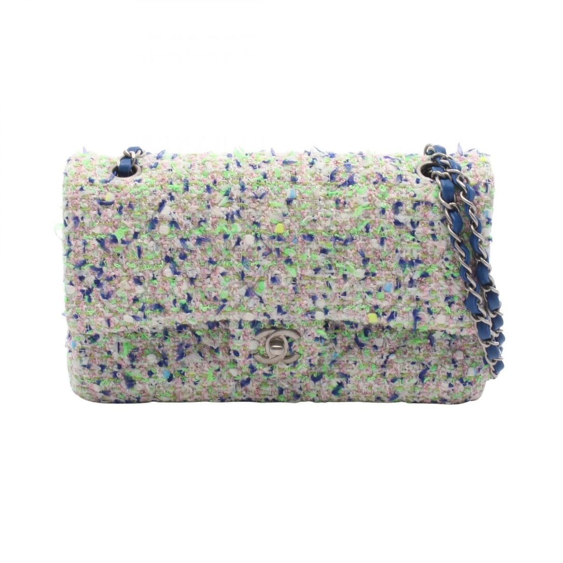 CHANEL MATELASSE W FLAP SHOULDER BAG: CHANEL Matelasse W flap Shoulder Bag Brand: CHANEL Type/Style: Shoulder Bag Material: Fabric ? leather Color: Green?ish colors ? Blue?ish colors ? Multicolor?ish colors Size: (H:6.3inch x W:9.8inch x 
