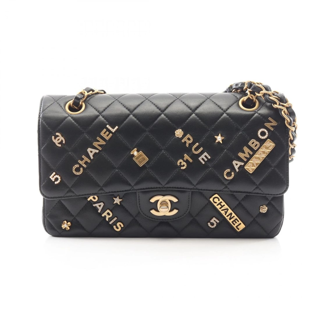 CHANEL MATELASSE W FLAP ICON CHARM CHAIN SHOULDER HANDBAG: CHANEL Matelasse W Flap Icon Charm Chain Shoulder Handbag Brand: CHANEL Type/Style: Shoulder Bag Material: Lambskin (sheep leather) Color: Black?ish colors Size: (H:6.3inch x W:9.8inch x D:2.6inch)