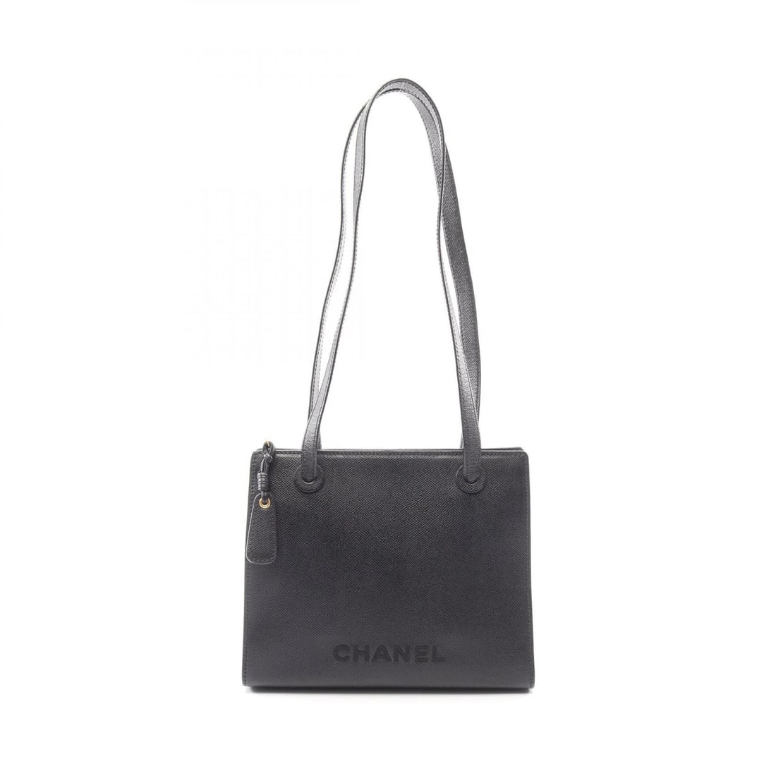 CHANEL LOGO SHOULDER TOTE BAG GRAINED CALFSKIN LEATHER BLACK: CHANEL logo Shoulder Tote Bag Grained Calfskin leather Black Brand: CHANEL Type/Style: Tote Bag Material: Grained Calfskin leather Color: Black?ish colors Size: (H:8.3inch x W:10.2inch x D:3.9inch)
