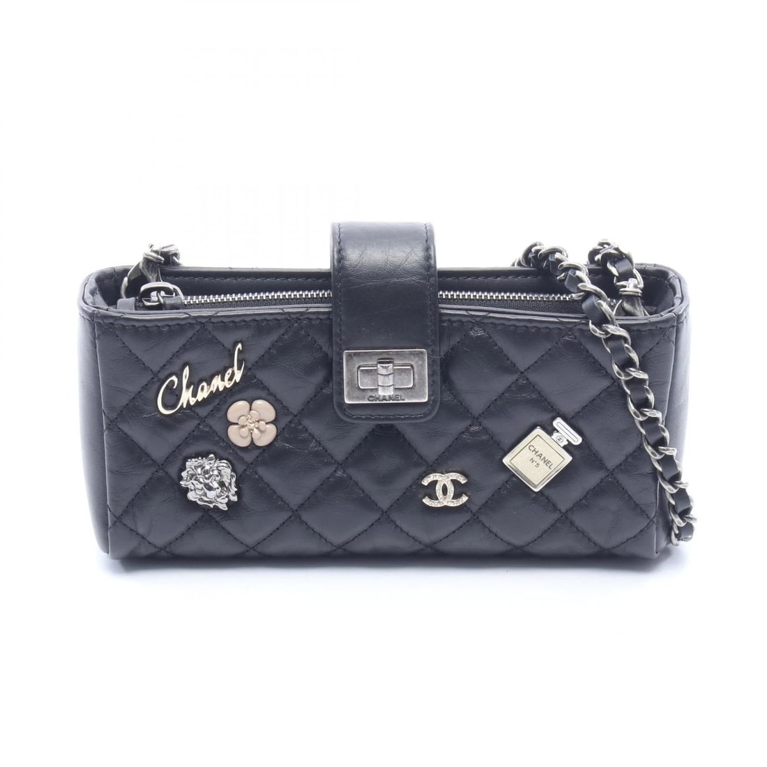 CHANEL 2.55 MATELASSE ICON PHONE HOLDER SHOULDER BAG: CHANEL 2.55 Matelasse Icon Phone Holder Shoulder Bag Brand: CHANEL Type/Style: Shoulder Bag Material: leather Color: Black?ish colors Size: (H:3.1inch x W:6.3inch x D:1.6inch) Accessories: None