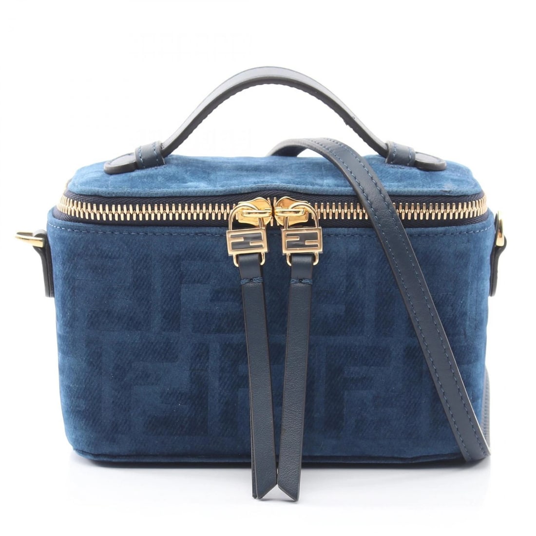 FENDI VANITY FF FLOCK DENIM CROSSBODY HANDBAG: FENDI Vanity FF Flock Denim Crossbody Handbag Brand: FENDI Type/Style: Handbag Material: Fabric ? leather Color: Blue?ish colors Size: (H:3.9inch x W:6.3inch x D:3.1inch) Accessories: None
