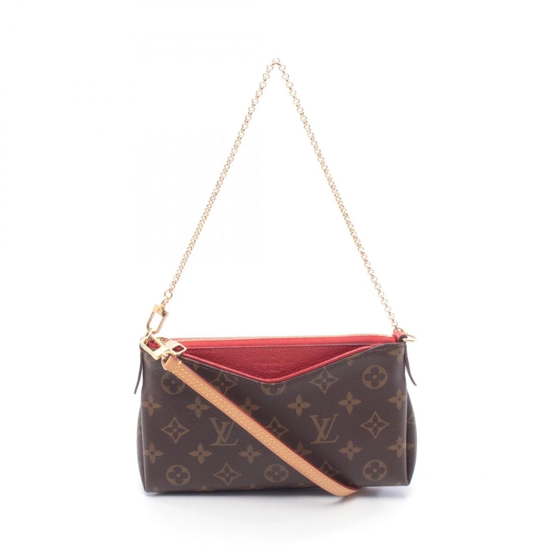LOUIS VUITTON PALLAS CLUTCH CHAIN CROSSBODY SHOULDER HANDBAG: LOUIS VUITTON Pallas Clutch Chain Crossbody Shoulder Handbag Brand: LOUIS VUITTON Type/Style: Handbag Material: Monogram ? PVC coated canvas ? leather Color: Cerise / Brown?ish colors ? Red?ish colors
