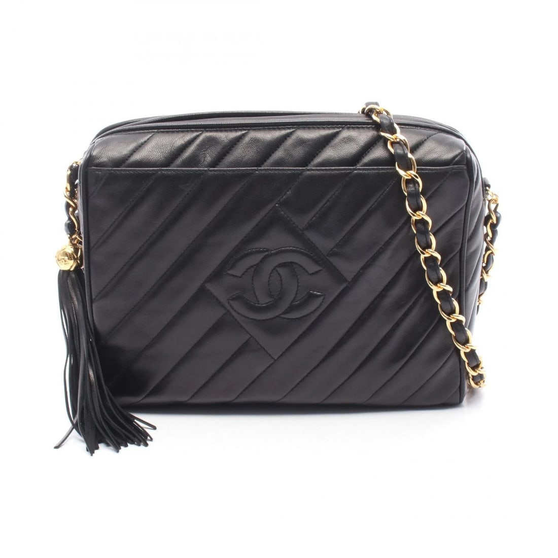 CHANEL COCO MARK BIAS STITCH TASSEL CHAIN CROSSBODY BAG: CHANEL COCO Mark Bias Stitch Tassel Chain Crossbody Bag Brand: CHANEL Type/Style: Shoulder Bag Material: Lambskin (sheep leather) Color: Black?ish colors Size: (H:6.9inch x W:9.4inch x D:3.0inch)