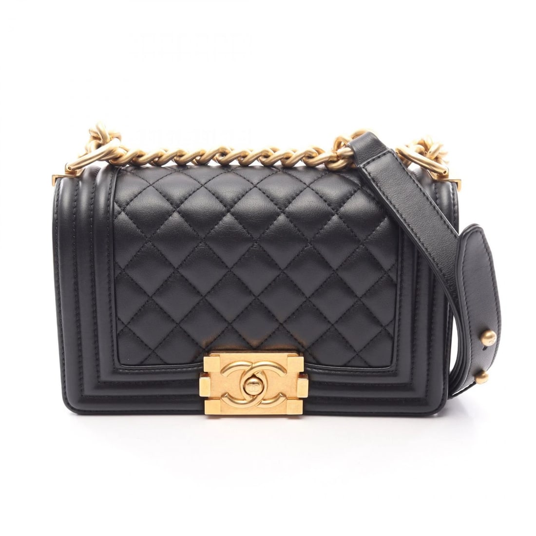 CHANEL BOY SMALL CHAIN SHOULDER BAG: CHANEL Boy Small chain Shoulder Bag Brand: CHANEL Type/Style: Shoulder Bag Material: Lambskin (sheep leather) Color: Black?ish colors Size: (H:4.7inch x W:7.9inch x D:2.4inch) Accessories: None