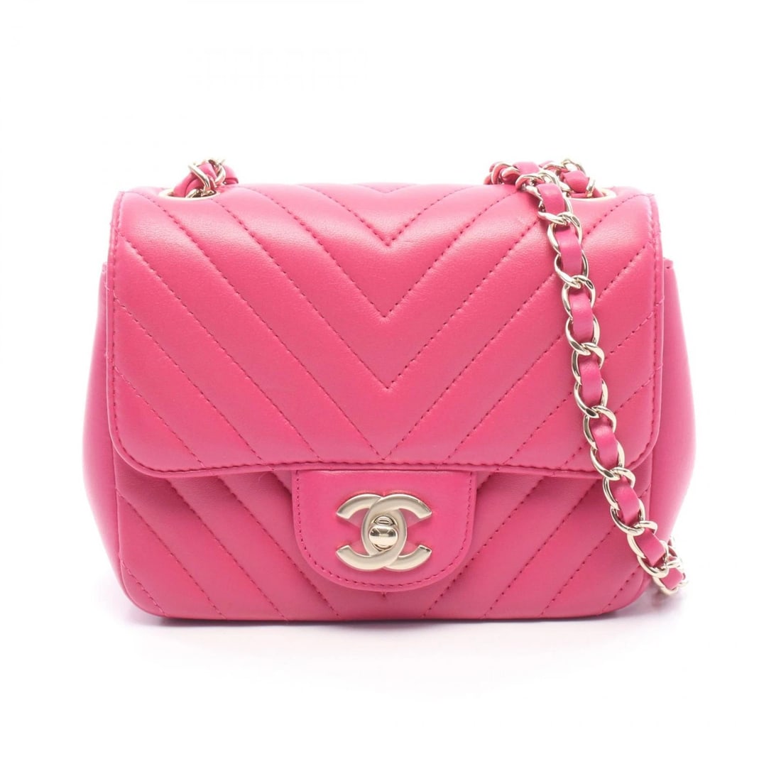 CHANEL CHEVRON V-STITCH MINI CHAIN SHOULDER CROSSBODY BAG: CHANEL Chevron V-Stitch Mini Chain Shoulder Crossbody Bag Brand: CHANEL Type/Style: Shoulder Bag Material: leather Color: Pink?ish colors Size: (H:5.1inch x W:6.7inch x D:3.1inch) Accessories: Non
