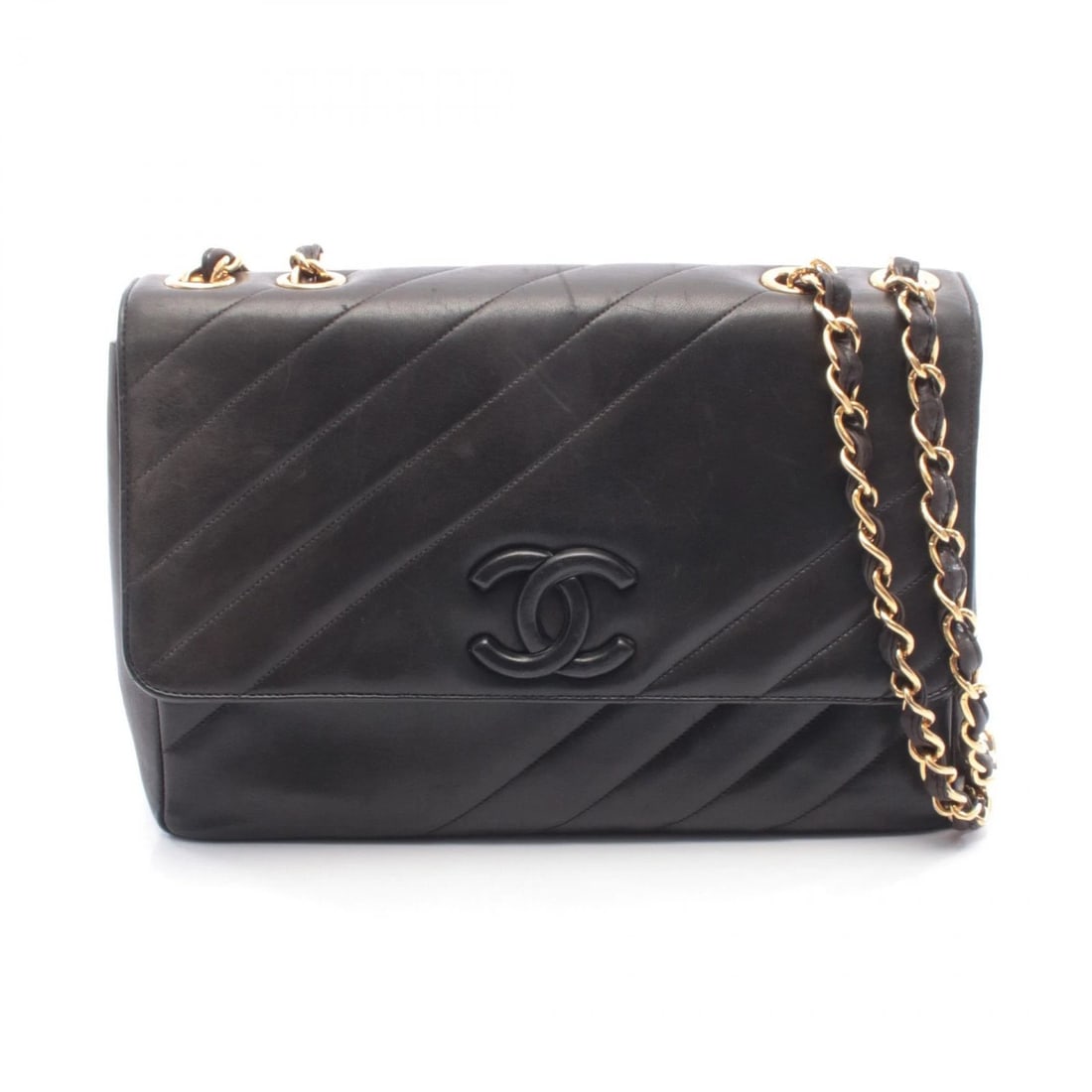 CHANEL BIAS STITCH COCO MARK CHAIN SHOULDER HANDBAG: CHANEL Bias Stitch COCO Mark Chain Shoulder Handbag Brand: CHANEL Type/Style: Shoulder Bag Material: Lambskin (sheep leather) Color: Black?ish colors Size: (H:8.3inch x W:12.0inch x D:3.1inch) Acc