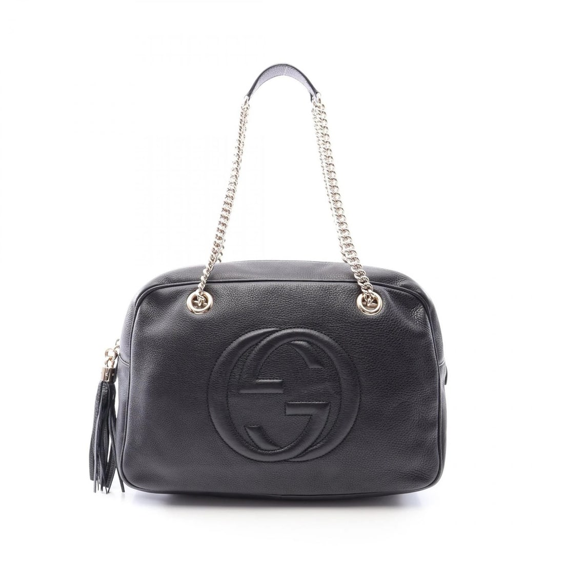 GUCCI SOHO INTERLOCKING G CHAIN SHOULDER BAG: GUCCI Soho Interlocking G Chain Shoulder Bag Brand: GUCCI Type/Style: Shoulder Bag Material: leather Color: Black?ish colors Size: (H:9.8inch x W:14.6inch x D:5.1inch) Accessories: None Ac