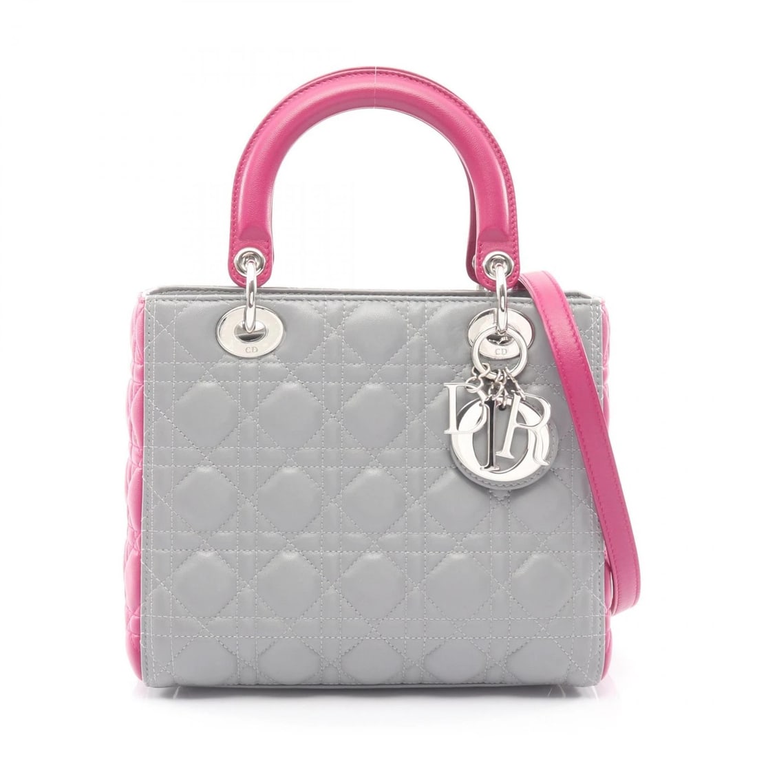 CHRISTIAN LADY DIOR CANNAGE SHOULDER HANDBAG: Christian Lady Dior Cannage Shoulder Handbag Brand: DIOR Type/Style: Handbag Material: leather Color: Gray?ish colors ? Purple?ish colors Size: (H:7.9inch x W:9.4inch x D:4.3inch) Accessories: Non