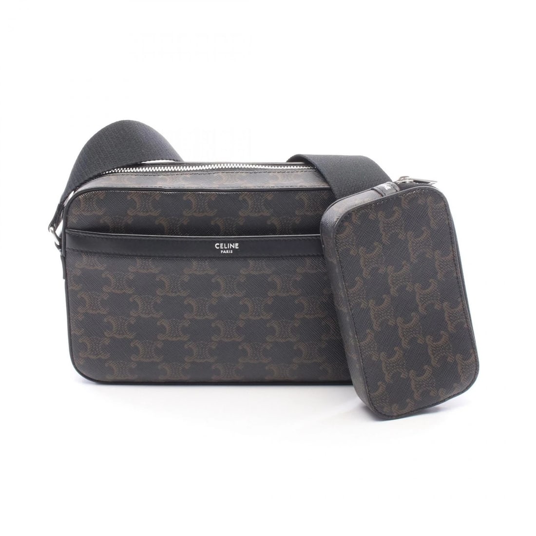 CELINE TRIOMPHE MULTI MESSENGER SHOULDER BAG: CELINE Triomphe Multi Messenger Shoulder Bag Brand: CELINE Type/Style: Shoulder Bag Material: PVC coated canvas ? leather Color: Black?ish colors ? Brown?ish colors Size: (H:5.5inch x W:8.7inch x D:2.