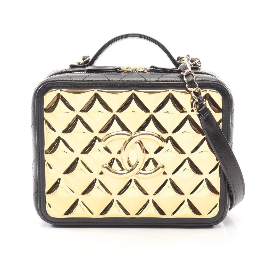 CHANEL MATELASSE VANITY HAND SHOULDER BAG: CHANEL Matelasse Vanity Hand Shoulder Bag Brand: CHANEL Type/Style: Shoulder Bag Material: Lambskin (sheep leather) Color: Black?ish colors ? Gold?ish colors Size: (H:5.5inch x W:7.1inch x D:2.8inch) 