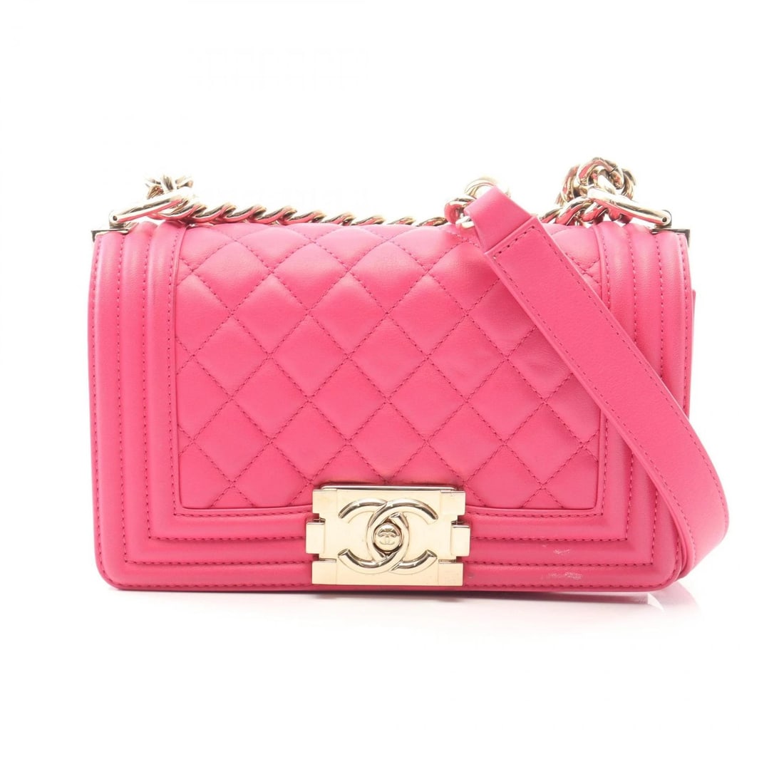 CHANEL BOY SMALL CHAIN SHOULDER BAG: CHANEL Boy Small Chain Shoulder Bag Brand: CHANEL Type/Style: Shoulder Bag Material: Lambskin (sheep leather) Color: Pink?ish colors Size: (H:4.7inch x W:7.9inch x D:2.4inch) Accessories: None