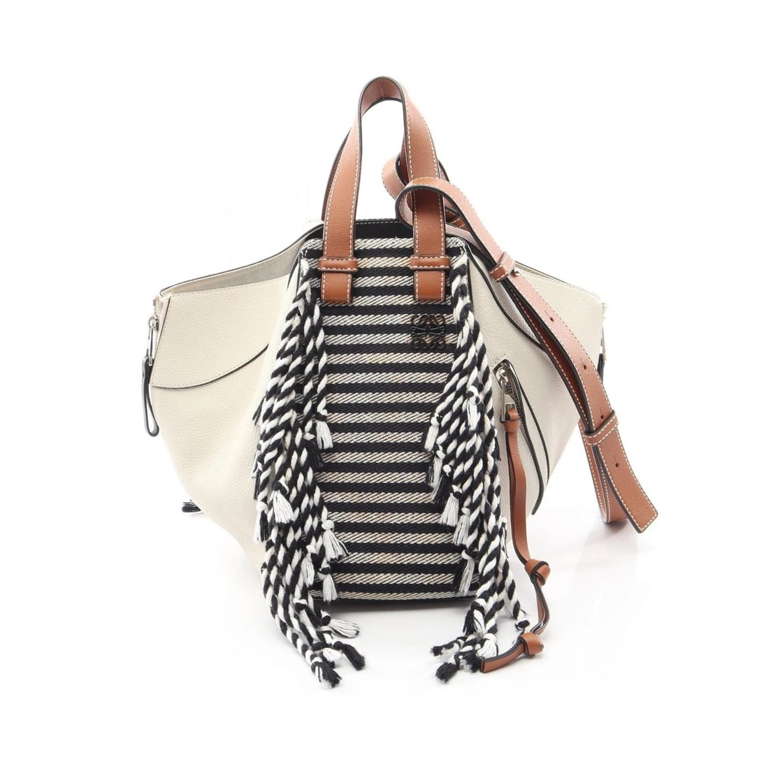 LOEWE HAMMOCK SMALL FRINGE BORDER SHOULDER CROSSBODY HANDBAG: LOEWE HAMMOCK SMALL Fringe Border Shoulder Crossbody Handbag Brand: LOEWE Type/Style: Handbag Material: leather ? canvas Color: White?ish colors ? Black?ish colors ? Brown?ish colors Size: (H:9.4inch 