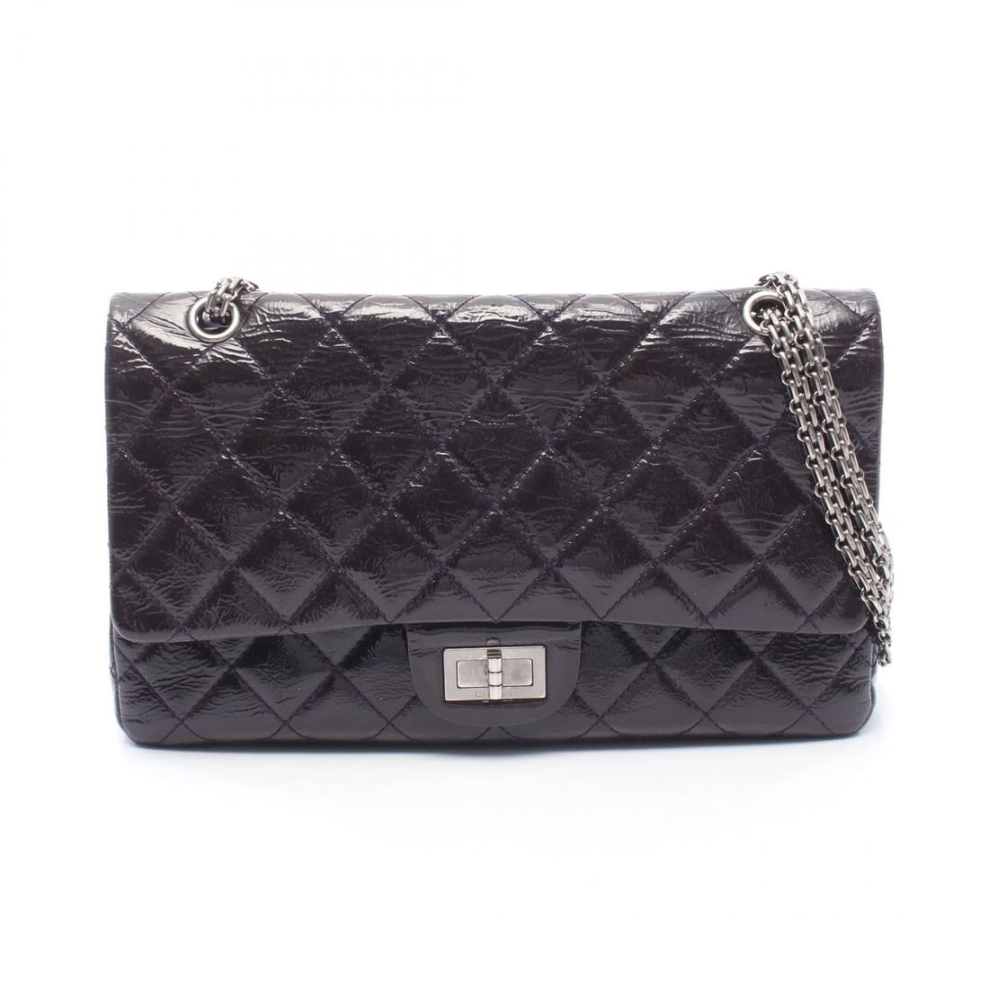 CHANEL 2.55 MATELASSE MAXI W FLAP SHOULDER HANDBAG: CHANEL 2.55 Matelasse Maxi W Flap Shoulder Handbag Brand: CHANEL Type/Style: Shoulder Bag Material: Patent leather Color: Purple?ish colors Size: (H:7.5inch x W:12.2inch x D:3.5inch) Accessories: