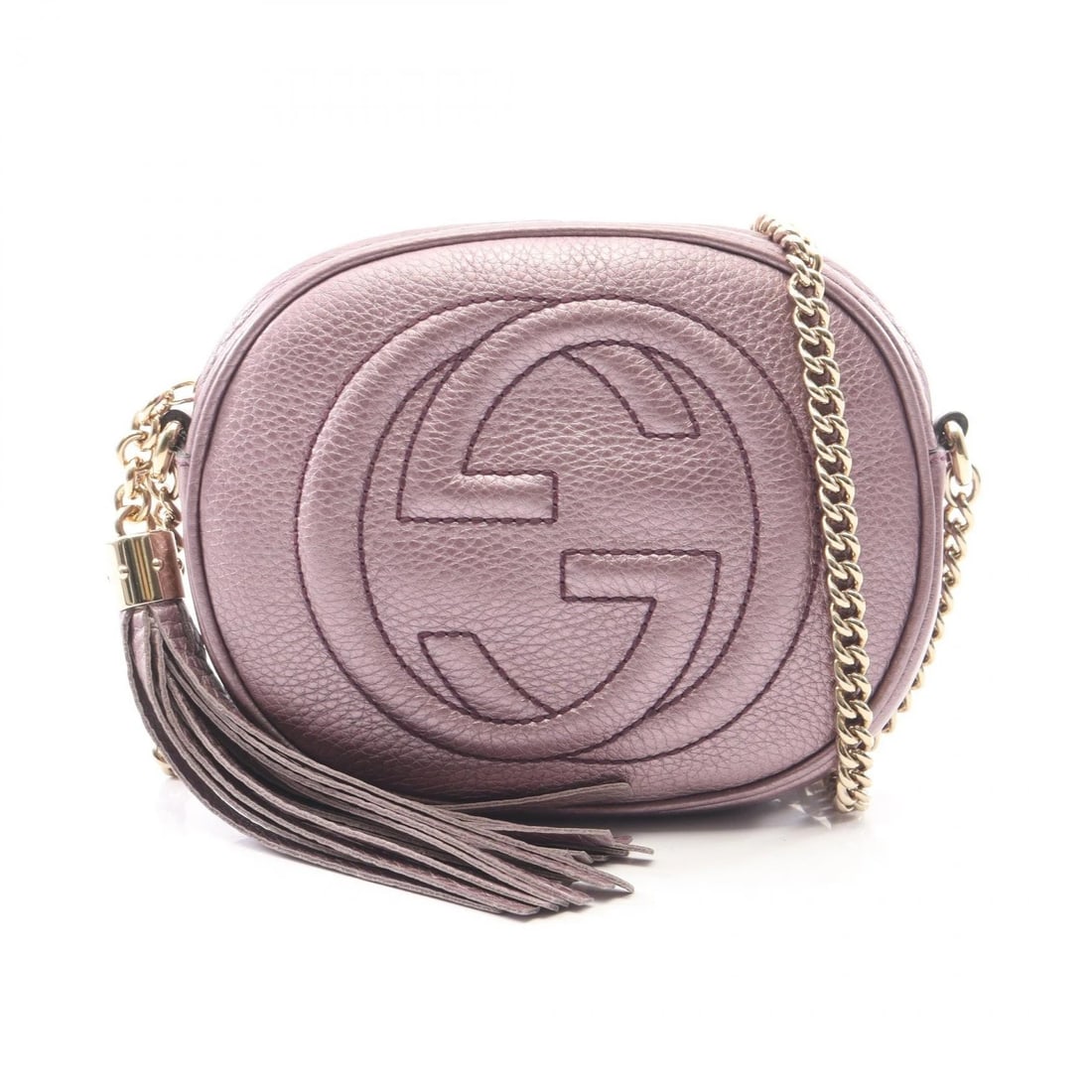 GUCCI SOHO TASSEL METALLIC CHAIN SHOULDER CROSSBODY BAG: GUCCI Soho Tassel Metallic Chain Shoulder Crossbody Bag Brand: GUCCI Type/Style: Shoulder Bag Material: leather Color: Purple?ish colors Size: (H:5.5inch x W:6.7inch x D:1.6inch) Accessories: None