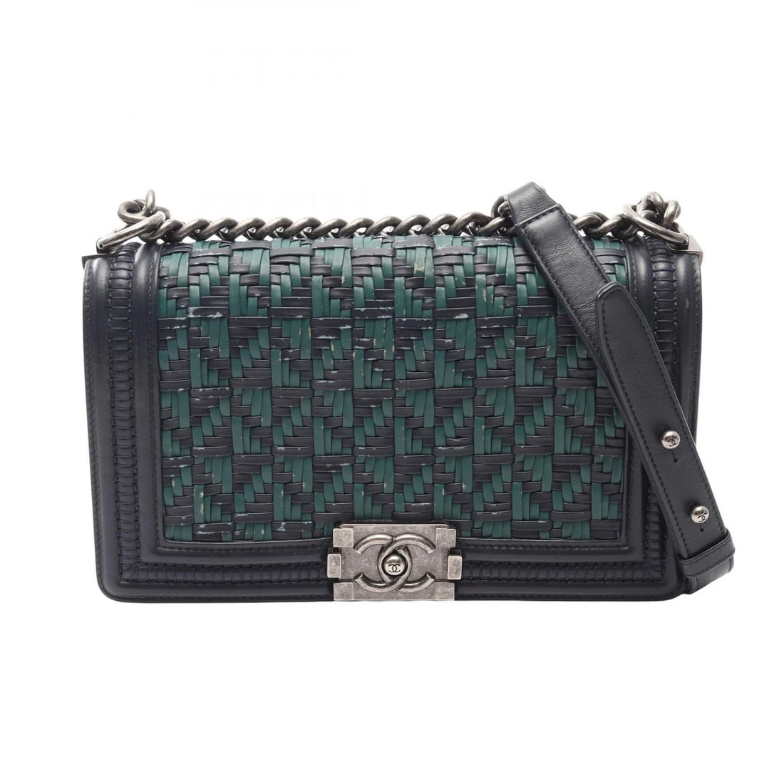 CHANEL BOY BRAID CHAIN SHOULDER BAG: CHANEL Boy Braid Chain Shoulder Bag Brand: CHANEL Type/Style: Shoulder Bag Material: leather Color: Navy?ish colors ? Green?ish colors Size: (H:5.7inch x W:9.8inch x D:2.8inch) Accessories: None