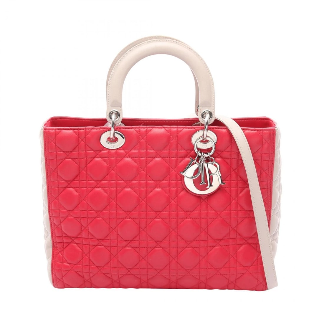 DIOR LADY DIOR LARGE CANNAGE SHOULDER TOTE HANDBAG: Dior Lady Dior Large Cannage Shoulder Tote Handbag Brand: DIOR Type/Style: Handbag Material: leather Color: Pink?ish colors ? Gray?ish colors Size: (H:9.8inch x W:12.6inch x D:4.3inch) Accessories