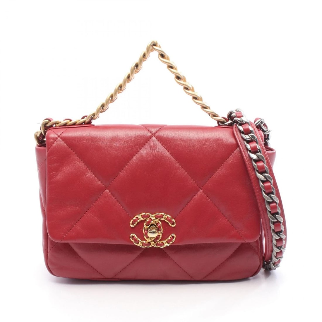 CHANEL 19 DIX-NEUF MATELASSE CHAIN SHOULDER CROSSBODY HANDBAG: CHANEL 19 dix-neuf Matelasse Chain Shoulder Crossbody Handbag Brand: CHANEL Type/Style: Shoulder Bag Material: leather Color: Red?ish colors Size: (H:6.7inch x W:9.8inch x D:3.1inch) Accessories: