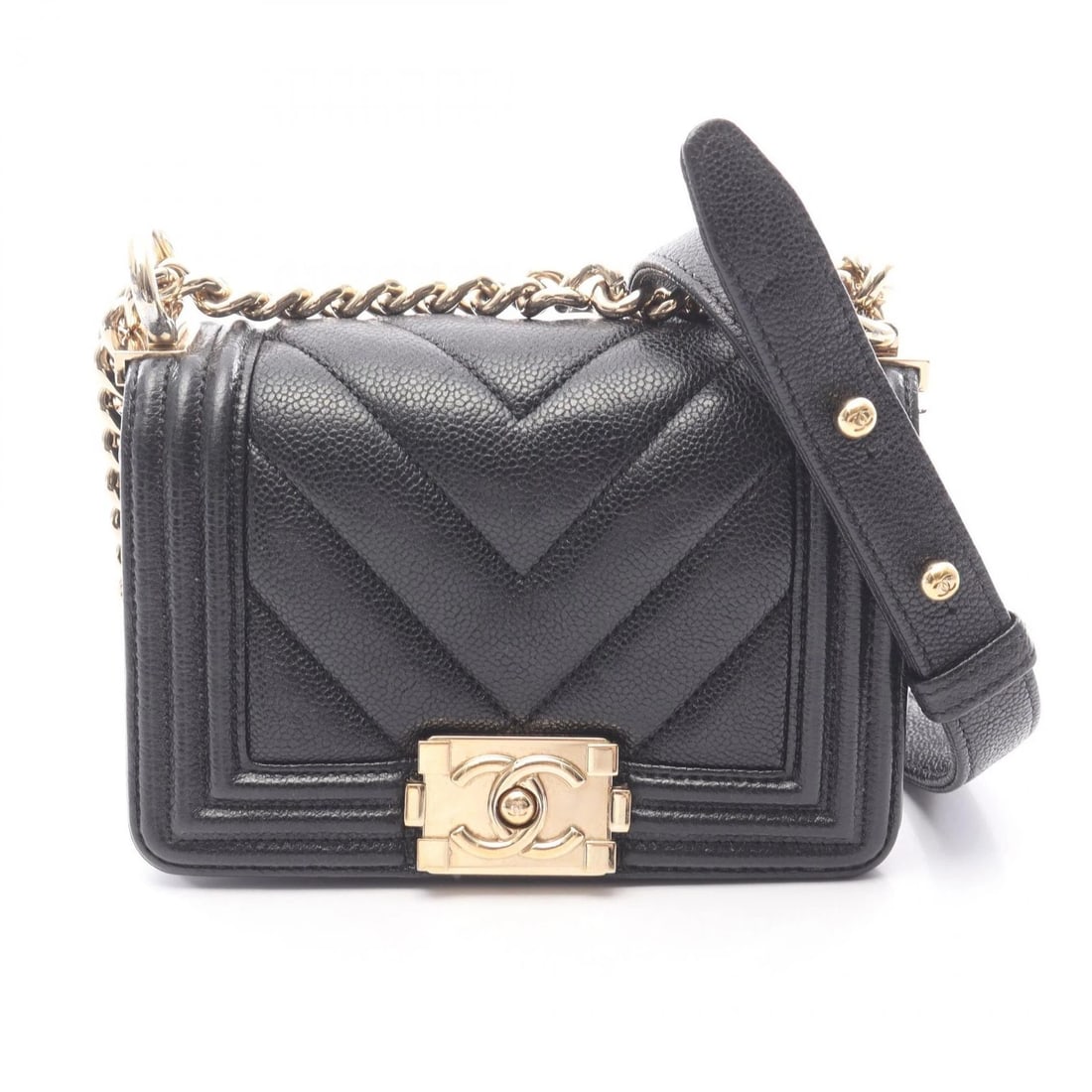 CHANEL BOY MINI CHEVRON V-STITCH CHAIN SHOULDER BAG: CHANEL Boy Mini Chevron V-stitch chain Shoulder Bag Brand: CHANEL Type/Style: Shoulder Bag Material: Grained Calfskin leather Color: Black?ish colors Size: (H:3.9inch x W:5.9inch x D:2.0inch)