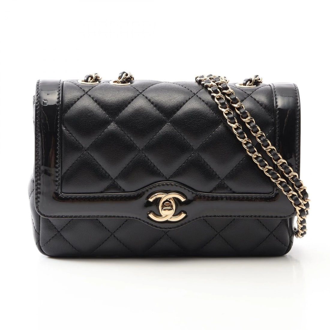 CHANEL MATELASSE SHOULDER BAG: CHANEL Matelasse Shoulder Bag Brand: CHANEL Type/Style: Shoulder Bag Material: Lambskin (sheep leather) ? Patent leather Color: Black?ish colors Size: (H:5.7inch x W:7.9inch x D:1.6inch) Accessories: