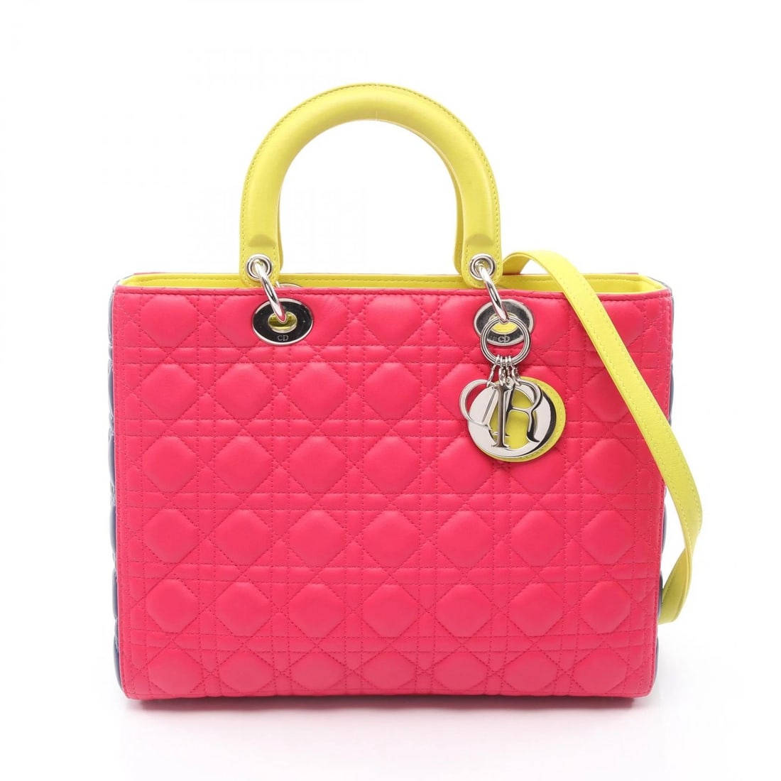 CHRISTIAN DIOR LADY DIOR LARGE CANNAGE SHOULDER HANDBAG: Christian Dior Lady Dior Large Cannage Shoulder Handbag Brand: DIOR Type/Style: Handbag Material: leather Color: Pink?ish colors ? Blue?ish colors ? Yellow?ish colors Size: (H:9.8inch x W:12.6inch x D