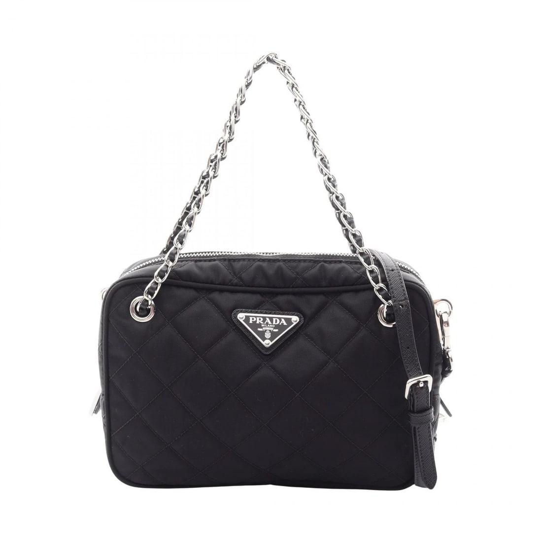 PRADA TESSUTO IMPUNTU 2WAY CHAIN HANDBAG: PRADA TESSUTO IMPUNTU 2WAY Chain Handbag Brand: PRADA Type/Style: Handbag Material: Nylon ? Saffiano leather Color: Black?ish colors Size: (H:5.5inch x W:8.3inch x D:2.4inch) Accessories: None
